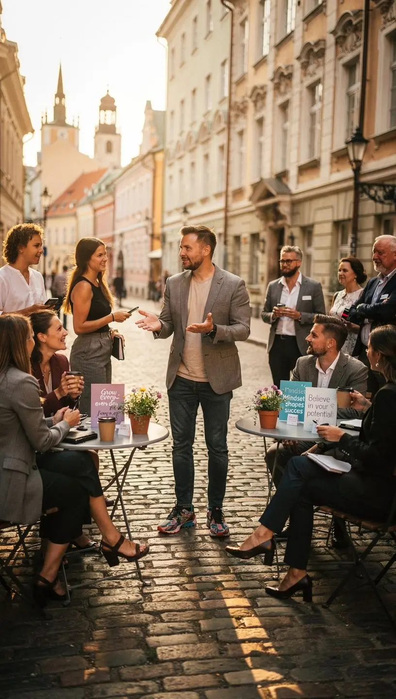 Grupa cilvēku, kas piedalās motivācijas darbnīcā, aktīvi diskutējot par ierobežojošām pārliecībām.
