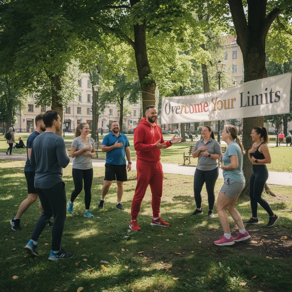 Treneris, kas vada sesiju, izmantojot vizuālus materiālus, lai palīdzētu dalībniekiem pārvarēt bailes.